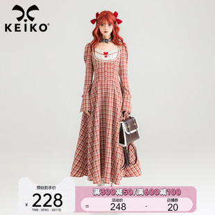 keiko法式复古红色格子鱼骨，连衣裙春夏气质方领收腰显瘦大摆长裙