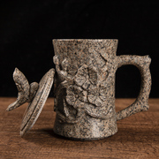 茶具摆件杯杯子家用茶杯大容量男士水杯浮雕石雕父亲节礼物麦饭石