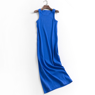 L659极简风修身版型圆领罗纹针织蓝色背心长裙23夏新通勤女连衣裙