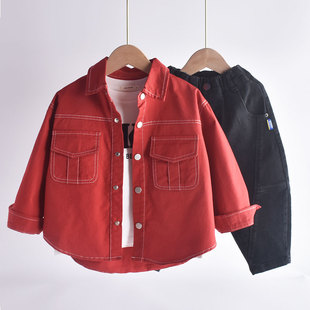 男童红色衬衫韩版洋气儿童衬衣，春秋2024春装，小童宝宝牛仔外套