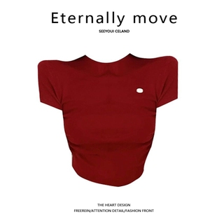 eternallymove酒红色针织，羊毛短袖小众设计感基础纯色短款t恤潮
