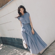 大码女装2023夏季浅蓝色连衣裙法式复古气质性感高腰系带短袖长裙