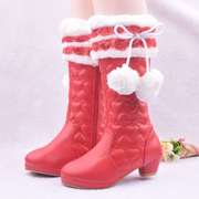 冬季女童高跟靴子加绒雪地靴，儿童高筒靴女宝宝公主靴韩版棉靴皮靴