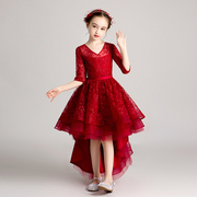 儿童红色礼服公主裙女童走秀长袖小花童婚纱，主持人钢琴演出服表演