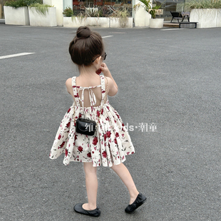 韩国童装2023夏女童复古玫瑰花朵连衣裙子儿童气质吊带背心裙