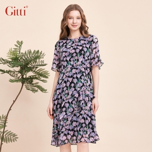 Gitti/吉蒂时尚花卉印花荷叶袖束腰显瘦雪纺连衣裙G241432