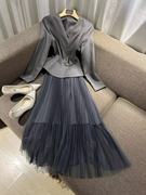vanlu高级灰色系d家优雅套装，v领裙摆a字长袖外套+网纱半身裙女