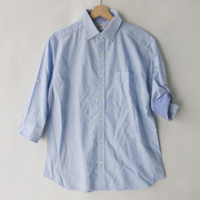 棉麻衬衫天蓝色日本单七分(单七分)袖半袖卷袖翻领，衬衫衬衣男装春夏季外贸