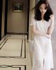 日系女装夏季纯棉蕾丝花朵刺绣连衣裙 法式V领气质白色中长裙
