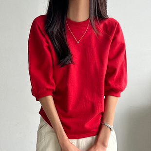 韩国版型设计很仙显瘦小香风泡泡，袖春夏纯色，插肩袖圆领中袖t恤女