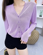 香芋紫v领长袖针织衫，女23年夏季洋气时尚，百搭短款薄开衫外套
