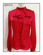珍思薇尼春秋季女红色立领，钉珠时尚长袖，衬衫女雪纺拼接气质女衫外