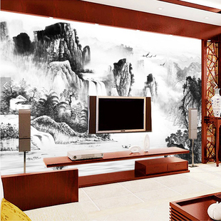 山水国画中式水墨，黑白3d立体电视背景墙卧室客厅，背景墙墙纸壁画