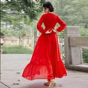 云南青海湖度假大红色连衣裙，西藏草原沙漠，旅游衣服女拍照长裙超仙