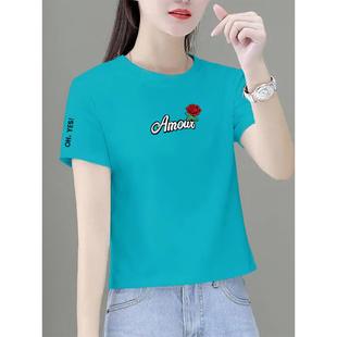 女士短袖t恤湖蓝色，短款夏季2024棉，宽松显瘦玫瑰花圆领小个子0421h