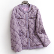 紫色相拼圆领双口袋，单排扣短外套冬季长袖，淑女百搭羽绒服n232