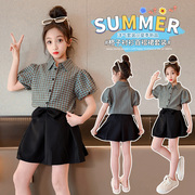 韩版中大儿童套装夏季2024女孩洋气时尚短格子衬衫裙裤两件套