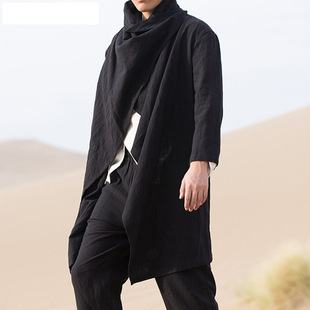 欧美时尚纯色不规则设计棉麻披风斗篷长袖外套男Men's cape coat