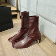 巨巨舒服！韩国简约方头粗跟法式短靴女秋季中跟瘦瘦弹力靴马丁靴