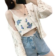 宽松镂空针织衫女2022春夏，韩版刺绣吊带，短款上衣防晒开衫两件套