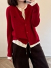 妮妮家冬季款新年红色拼色假两件针织开衫女拼色慵懒麻花毛衣外套