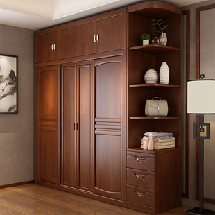 中式复古实木衣柜原木整体，组合推拉门柜子，卧室家用四门橡木大衣橱