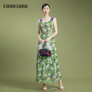 香莎chansarr复古优雅绿底印花背心连衣裙，收腰显瘦舒适飘逸长裙