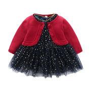春秋童装1-3岁女童长袖蓝色星星礼服裙+红色针织花边开衫毛衣