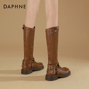 达芙妮棕色靴子女长筒靴2023秋季西部牛仔靴高筒长靴女骑士靴