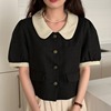 韩国chic夏季法式复古减龄撞色娃娃领宽松百搭泡泡袖短款衬衫外套