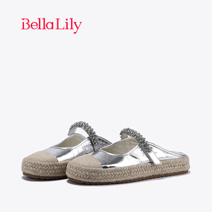 bellalily夏麻绳(夏麻绳)编织半包拖鞋女银色，玛丽珍鞋轻便板鞋子