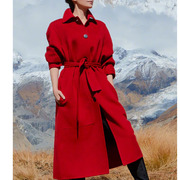2020年明星同款秋冬加厚中长款红色呢子大衣显瘦双面羊毛修身外套