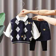 男童装秋季衬衣套装婴幼儿童洋气，春秋装宝宝，韩版针织毛衣三件套潮
