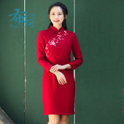 布符原创复古红色，时尚优雅改良连衣裙，中式气质旗袍女