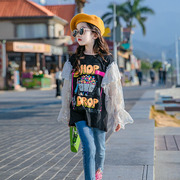 女童长袖t恤春装，韩版中大童洋气，印花上衣儿童蕾丝打底衫