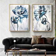 网红纯手绘蓝色花卉，油画入户玄关走廊，过道餐厅客厅装饰画现代简约