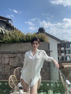 韩系慵懒风中长款白色衬衫女夏小众宽松显瘦纯欲垂感长袖防晒衬衣