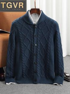 特加厚翻领男冬季100%純羊绒开衫，保暖宽松大扣純色外套针织衫毛衣