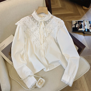 设计感白色雪纺衬衫2024年春季女装蕾丝高级感长袖上衣春装女