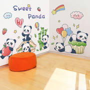 卡通动物熊猫墙画床头，背景儿童房间卧室，布置墙壁装饰品贴画墙贴纸