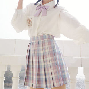 粉紫色jk制服套装日系甜美软妹百褶裙高腰格子半身短裙衬衫女学生