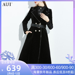 AUI高级感黑色加厚丝绒棉衣外套2023女冬高端气质中长款大衣