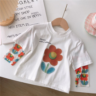 韩系女童花朵印花假两件防晒长袖T恤洋气休闲宝宝上衣儿童衣服女