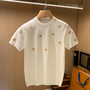 欧美简约舒适修身短袖t恤男夏季轻奢范小蜜蜂刺绣轻薄透气针织衫