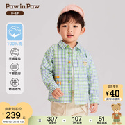 pawinpaw卡通小熊童装2024年春季男宝儿童翻领，格子衬衫全棉