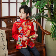 儿童亲子唐装红色拜年服中式花童礼服，中国风绸缎秀禾服男童中山装