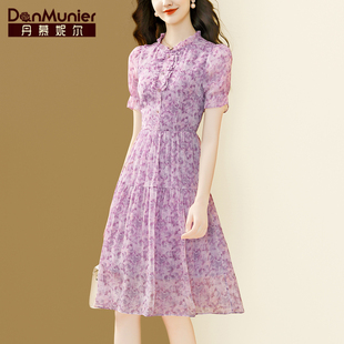 丹慕妮尔紫色法式碎花雪纺，连衣裙女2024夏季气质，收腰中长裙子