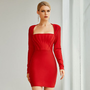 红色长袖绷带连衣裙性感钻饰礼服修身轻奢欧美小众派对礼服