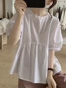 韩国高腰衬衫女夏季大码宽松显瘦褶皱小清新喇叭，袖娃娃衫短袖上衣