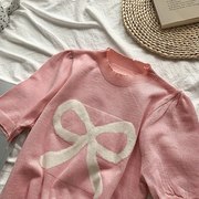 蝴蝶结泡泡袖针织衫女夏季韩版修身显瘦粉色短款毛衣短袖上衣